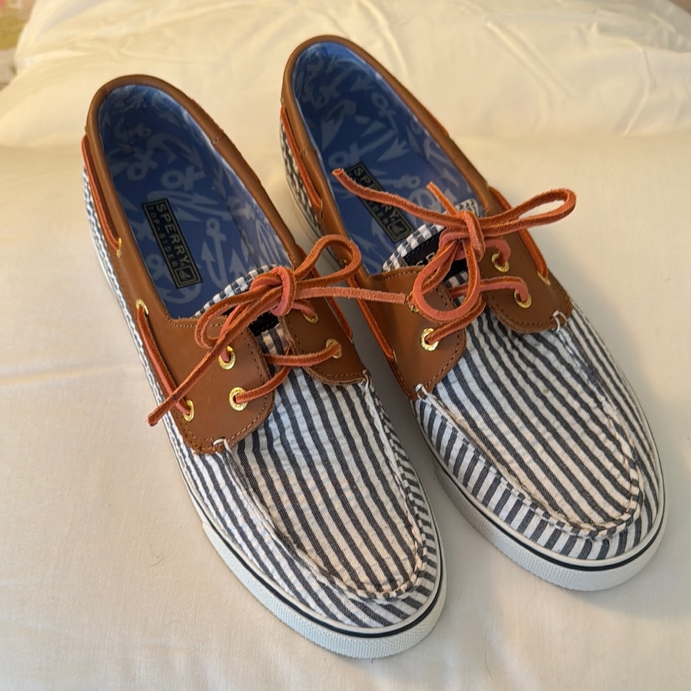 Sperry Navy Seersucker Boat Shoes with Nautical Laces
